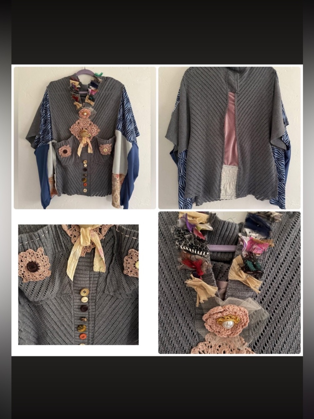 Gray Upcycled Poncho Sweater Handmade One Size to XL